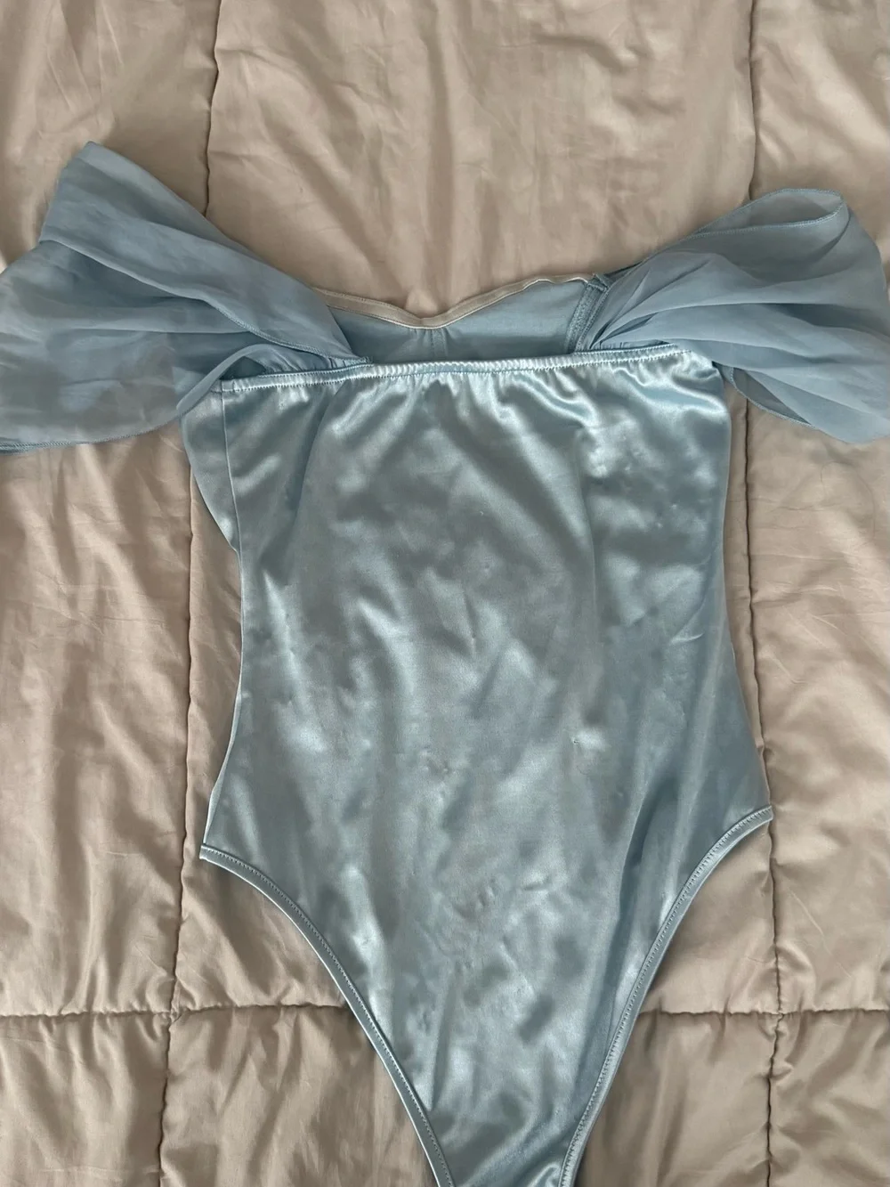 Satin Off-Shoulder Bandeau Bodysuit in Light Blue